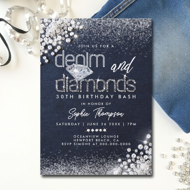 Invitation Denim Diamonds Bling Classy 30e fête d'anniversair (denim and diamonds party invitations 30th 50th sweet 16 elegant classy blue white bling template)