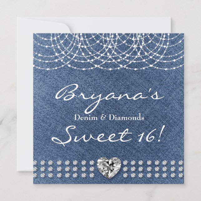 Invitation Denim & Diamonds Bling Cœur Douce Fête de 16 Ans (Devant)