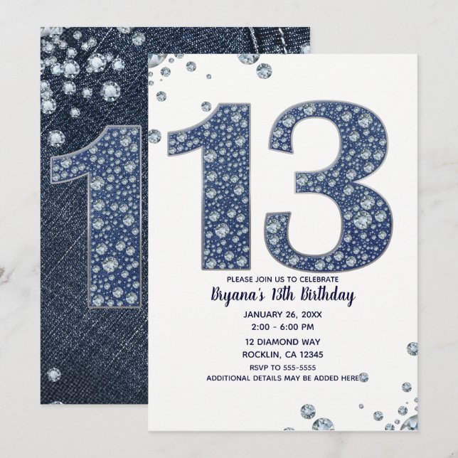 Invitation Denim & Diamonds Bling Étincelle 13 ans 13e Annive (Devant / Derrière)