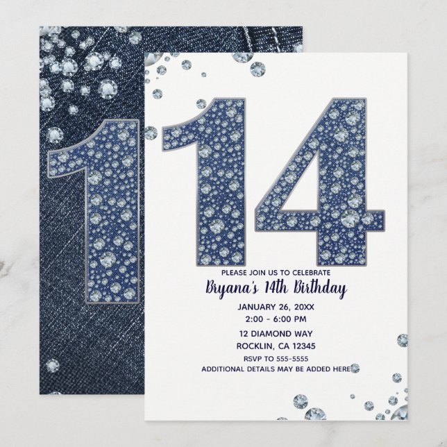 Invitation Denim & Diamonds Bling Étincelle 14e 14 Ans Annive (Devant / Derrière)