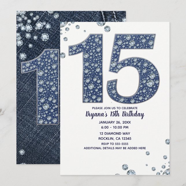 Invitation Denim & Diamonds Bling Étincelle 15TH 15e Annivers (Devant / Derrière)