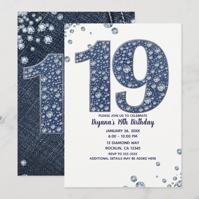 Invitation Denim & Diamonds Bling Étincelle 19TH 19 Anniversa (Devant / Derrière)