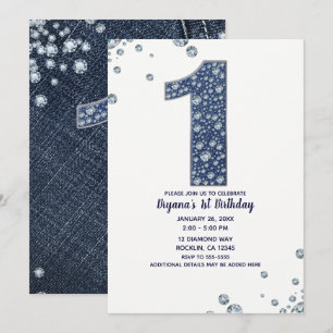 Invitation Denim & Diamonds Bling Étincelle 1er Anniversaire 