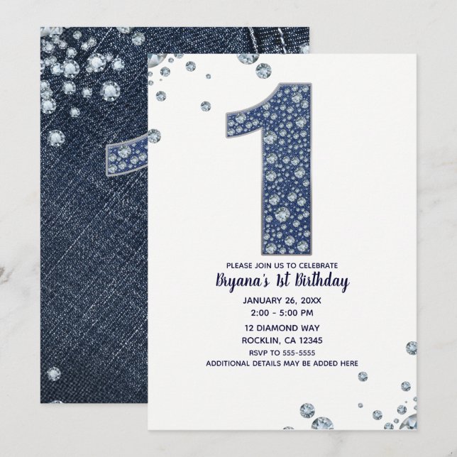 Invitation Denim & Diamonds Bling Étincelle 1er Anniversaire  (Devant / Derrière)