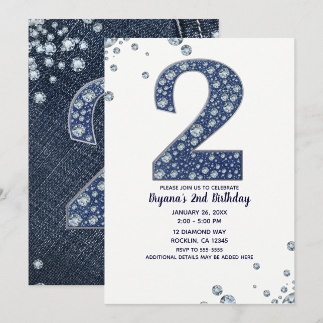 Invitation Denim & Diamonds Bling Étincelle 2e Anniversaire 2 (Devant / Derrière)