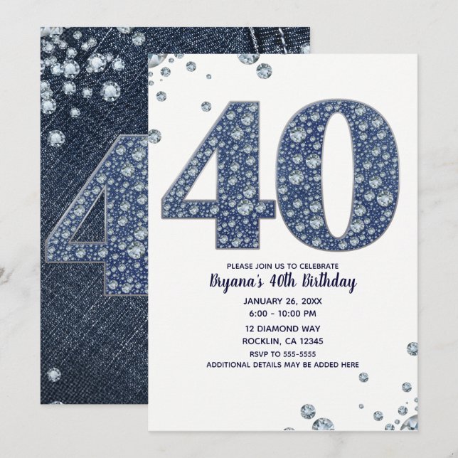 Invitation Denim & Diamonds Bling Étincelle 40e 40 Anniversai (Devant / Derrière)