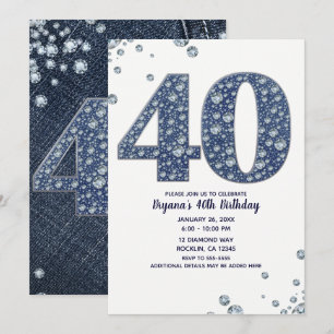 Invitation Denim & Diamonds Bling Étincelle 40e 40 Anniversai