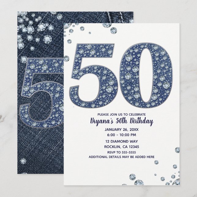 Invitation Denim & Diamonds Bling Étincelle 50e 50 Anniversai (Devant / Derrière)