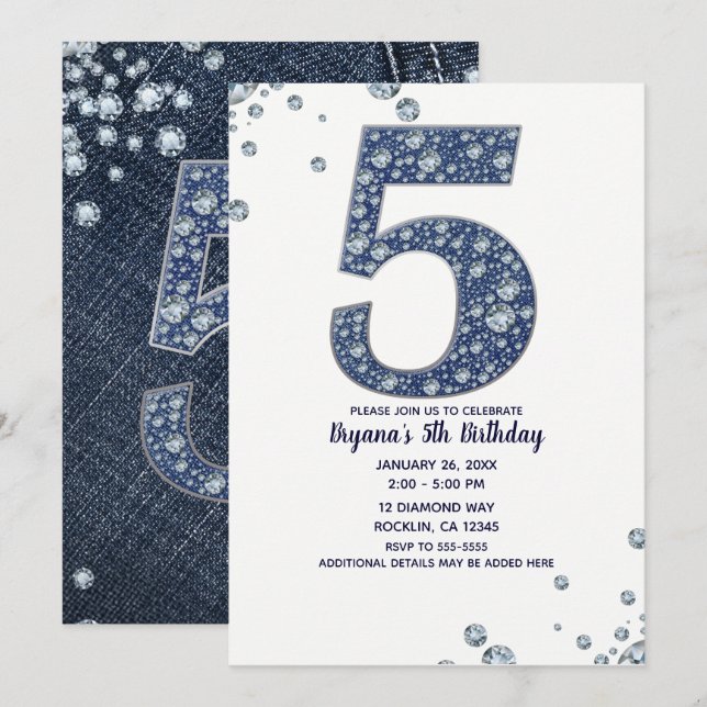 Invitation Denim & Diamonds Bling Étincelle 5e 5 Anniversaire (Devant / Derrière)