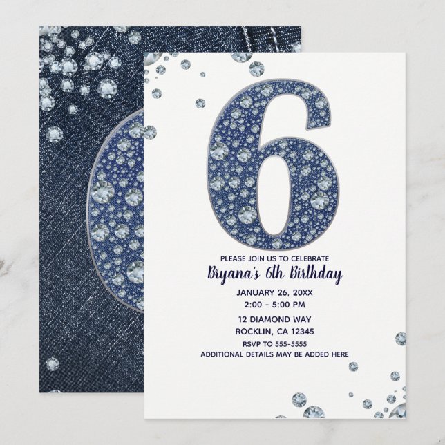 Invitation Denim & Diamonds Bling Étincelle 6e 6 Anniversaire (Devant / Derrière)