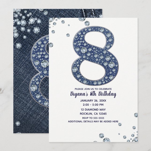 Invitation Denim & Diamonds Bling Étincelle 8e 8 Anniversaire (Devant / Derrière)