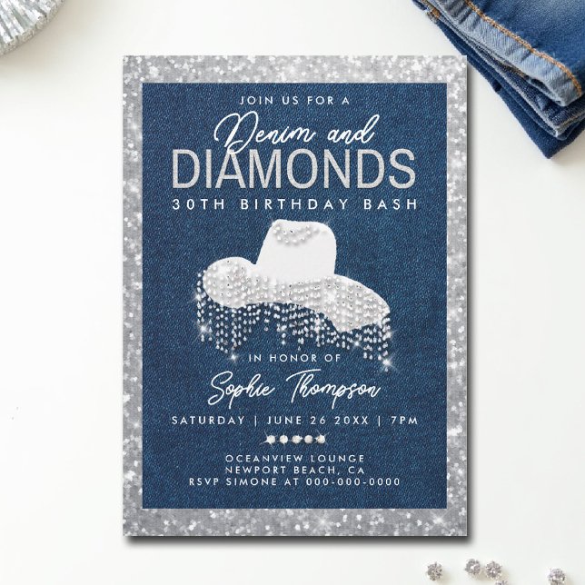 Invitation Denim Diamonds Bling Frame 30e Anniversaire (denim and diamonds invitations 30th 50th sweet 16 elegant classy blue white bling frame template)