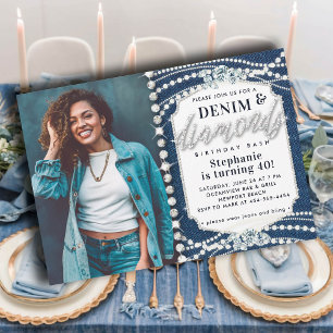 Invitation Denim Diamonds Bling Pearls Photo 40e anniversaire