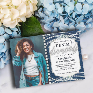 Invitation Denim Diamonds Bling Pearls Photo 50e anniversaire