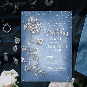 Invitation Denim Diamonds Bling Rose Blanc Bleu 30e anniversa