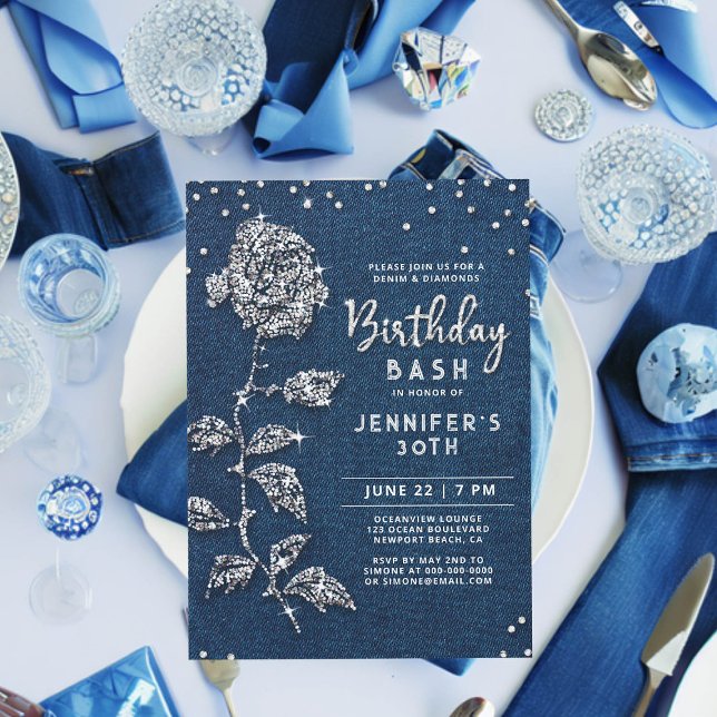 Invitation Denim Diamonds Bling Rose Blue Jeans 30e anniversa (denim and diamonds birthday invitation 30th women bling rose rhinestones glitter glitz glam chic)