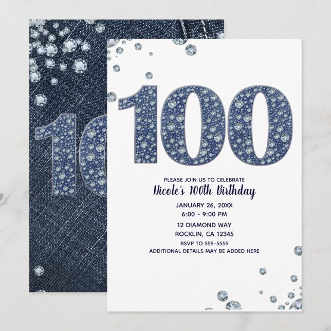 Invitation Denim & Diamonds Bling Sparkle 100TH 100 Anniversa (Devant / Derrière)