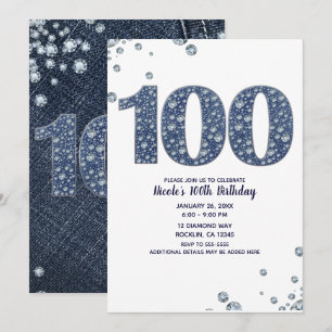 Invitation Denim & Diamonds Bling Sparkle 100TH 100 Anniversa