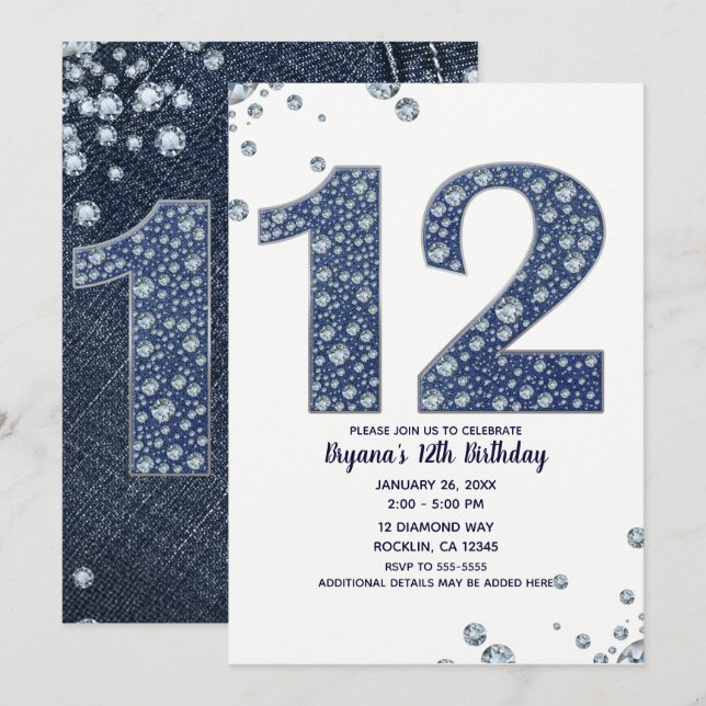 Invitation Denim & Diamonds Bling Sparkle 12e 12 Anniversaire (Devant / Derrière)