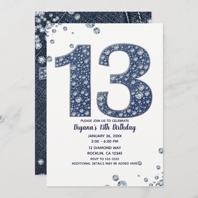 Invitation Denim & Diamonds Bling Sparkle 13e 13 Anniversaire (Devant / Derrière)