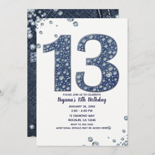 Invitation Denim & Diamonds Bling Sparkle 13e 13 Anniversaire
