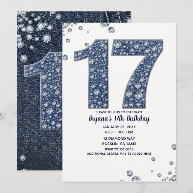 Invitation Denim & Diamonds Bling Sparkle 17e 17 Anniversaire (Devant / Derrière)