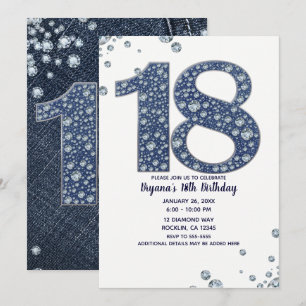 Invitation Denim & Diamonds Bling Sparkle 18ÈME 18 Anniversai