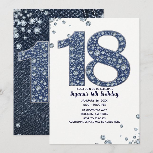 Invitation Denim & Diamonds Bling Sparkle 18TH 18 Anniversair (Devant / Derrière)