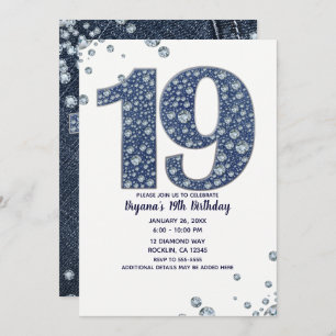 Invitation Denim & Diamonds Bling Sparkle 19E 19 Anniversaire