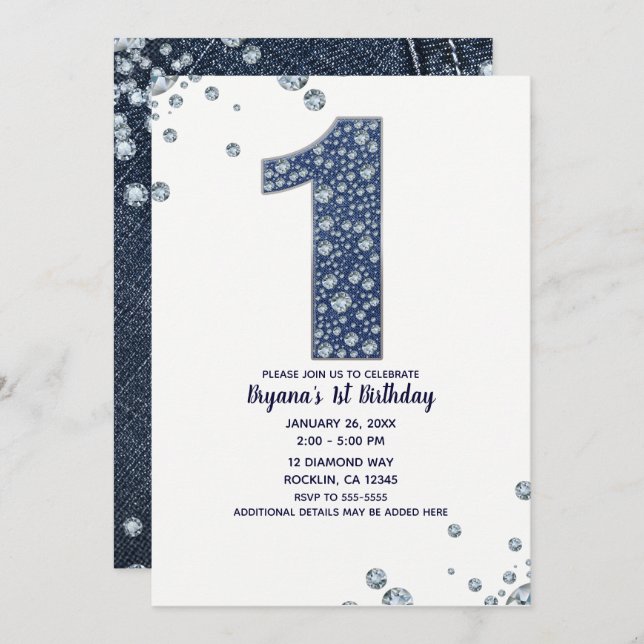 Invitation Denim & Diamonds Bling Sparkle 1er Anniversaire 1  (Devant / Derrière)