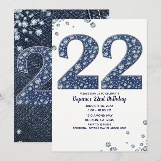 Invitation Denim & Diamonds Bling Sparkle 22 22e Anniversaire (Devant / Derrière)
