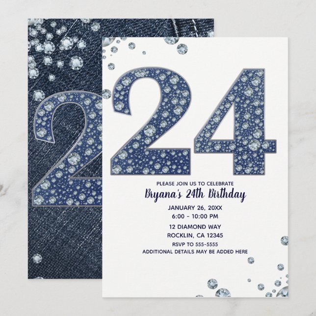 Invitation Denim & Diamonds Bling Sparkle 24 24e anniversaire (Devant / Derrière)