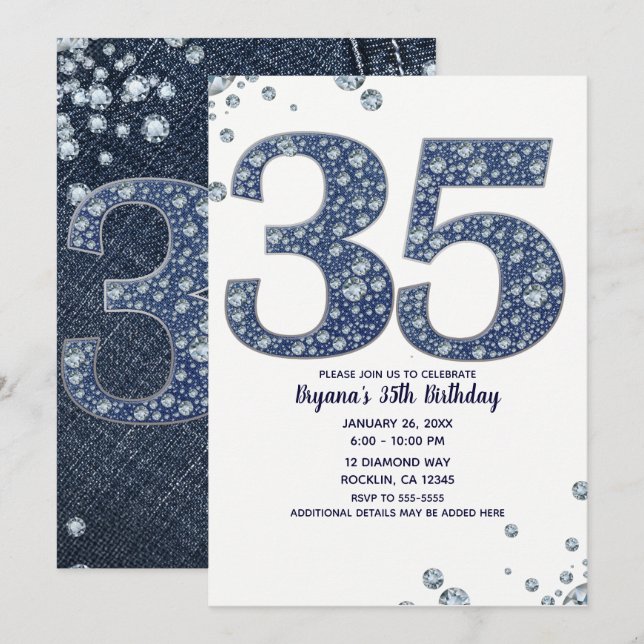 Invitation Denim & Diamonds Bling Sparkle 35TH 35 Anniversair (Devant / Derrière)