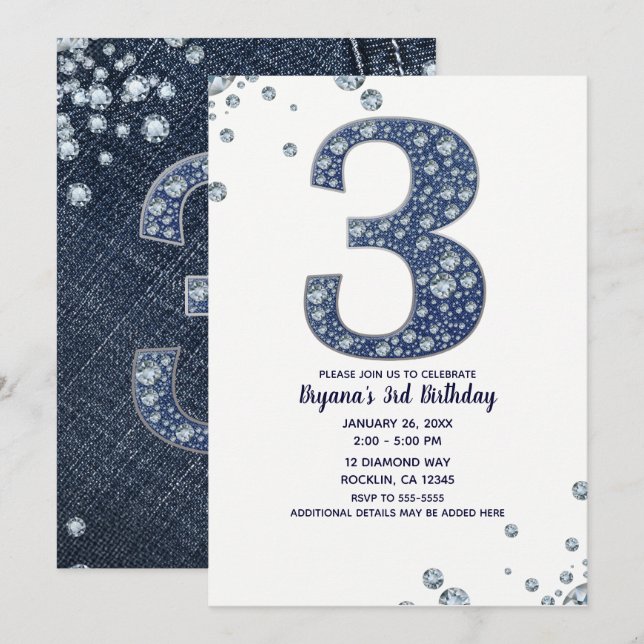 Invitation Denim & Diamonds Bling Sparkle 3e 3 Anniversaire (Devant / Derrière)