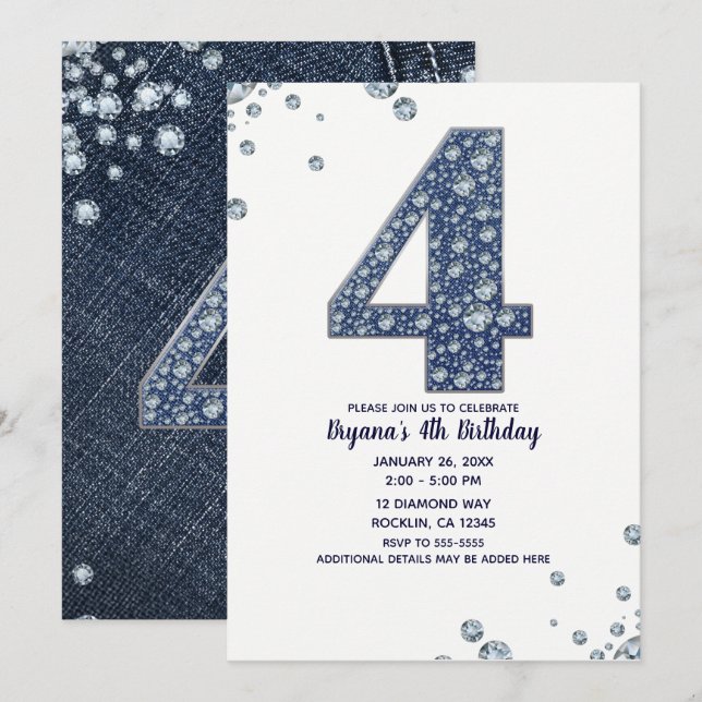 Invitation Denim & Diamonds Bling Sparkle 4e 4 Anniversaire (Devant / Derrière)