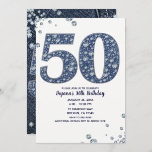 Invitation Denim & Diamonds Bling Sparkle 50E 50 Anniversaire