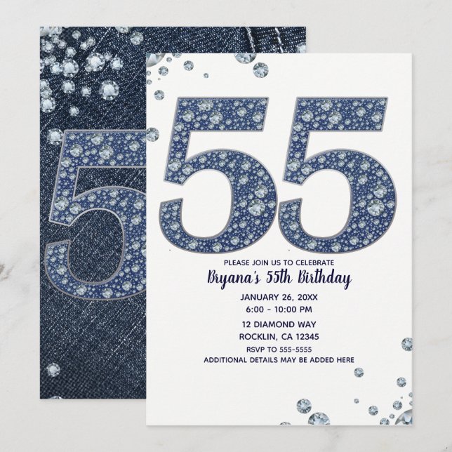 Invitation Denim & Diamonds Bling Sparkle 55TH 55 Anniversair (Devant / Derrière)