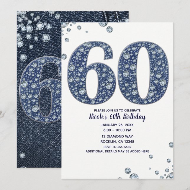 Invitation Denim & Diamonds Bling Sparkle 60E 60 Anniversaire (Devant / Derrière)
