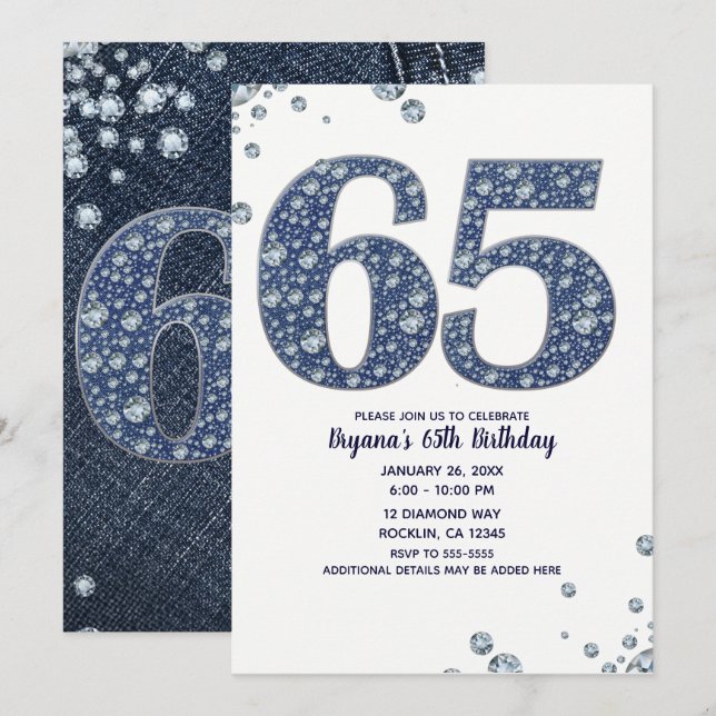 Invitation Denim & Diamonds Bling Sparkle 65TH 65e Anniversai (Devant / Derrière)