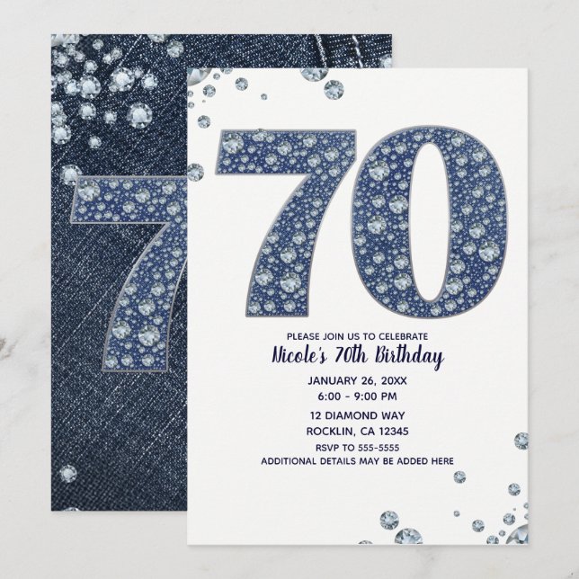Invitation Denim & Diamonds Bling Sparkle 70TH 70e Anniversai (Devant / Derrière)