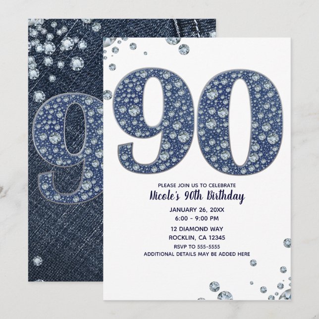 Invitation Denim & Diamonds Bling Sparkle 90e 90e Anniversair (Devant / Derrière)