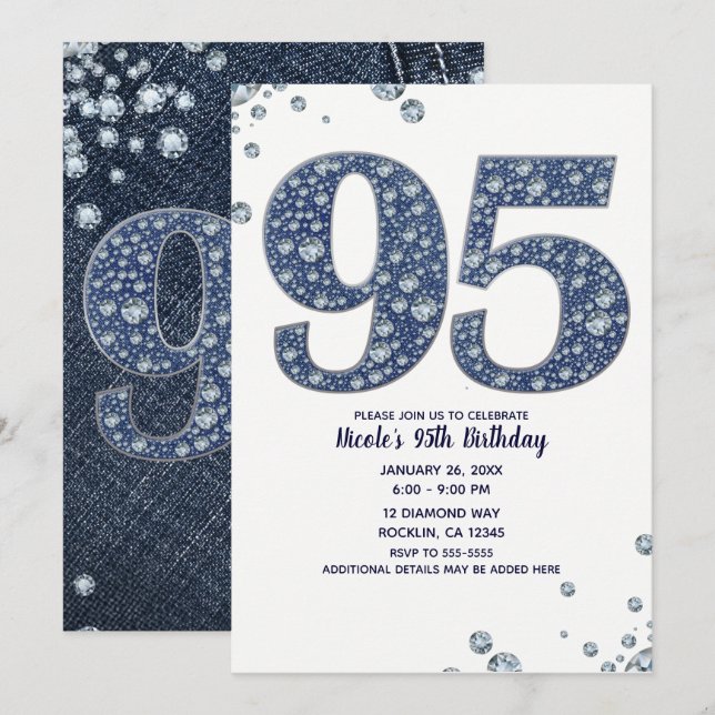 Invitation Denim & Diamonds Bling Sparkle 95TH 95 Anniversair (Devant / Derrière)