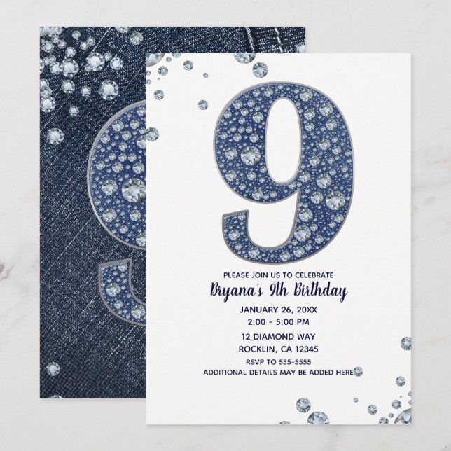 Invitation Denim & Diamonds Bling Sparkle 9e 9 Anniversaire (Devant / Derrière)