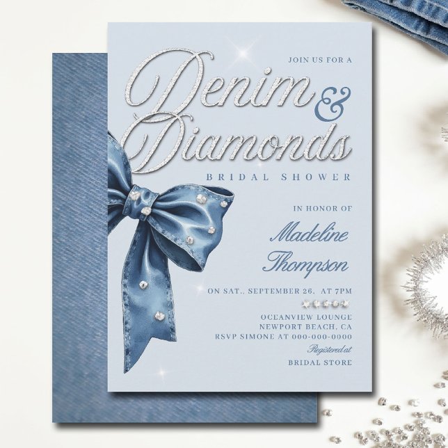 Invitation Denim Diamonds Blue Bow Chic Glam Fête des mariées (denim and diamonds bridal shower ideas invitation elegant bow classy script blue white template)