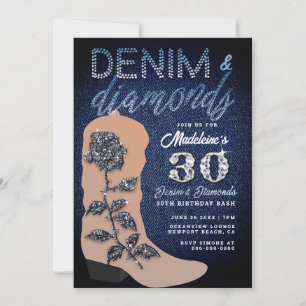 Invitation Denim Diamonds Boot Rose Rustic 30 Anniversaire