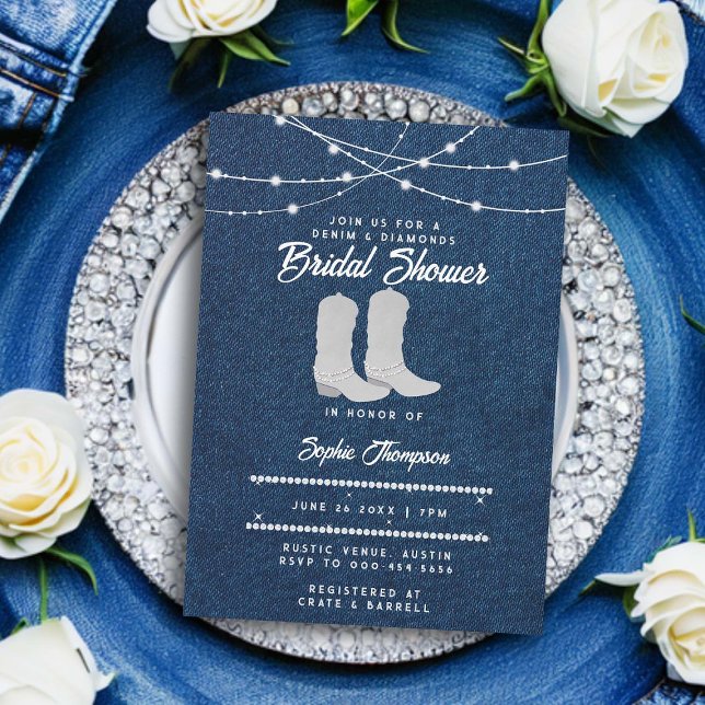 Invitation Denim Diamonds Boots blancs Lumières Fête des mari (denim and diamonds bridal shower invitation classy bling cowgirl boots string lights rustic chic)