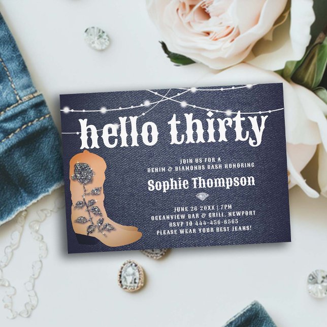 Invitation Denim Diamonds Boots Rose 30e anniversaire (denim and diamonds 30th birthday party women cowgirl boots rose bling elegant classy rustic lights)