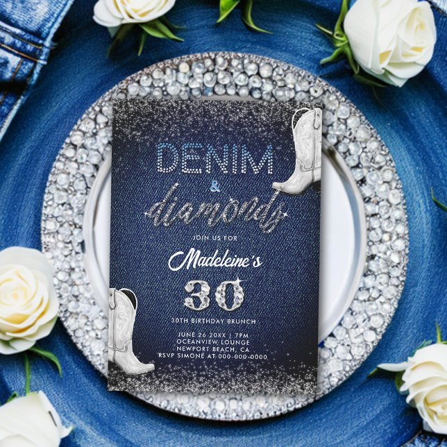 Invitation Denim Diamonds Bottes blanches Brunch 30e annivers (denim and diamonds 30th birthday invitation for women cowgirl chic boots classy modern elegant)