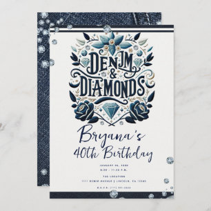Invitation Denim & Diamonds Brodé Floral Anniversaire fête