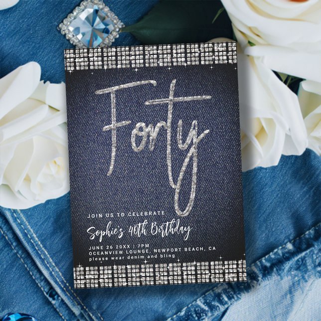Invitation Denim Diamonds Classy Bling 40e Anniversaire (denim and diamonds 40th birthday invitation classy modern elegant rhinestones calligraphy blue jeans)